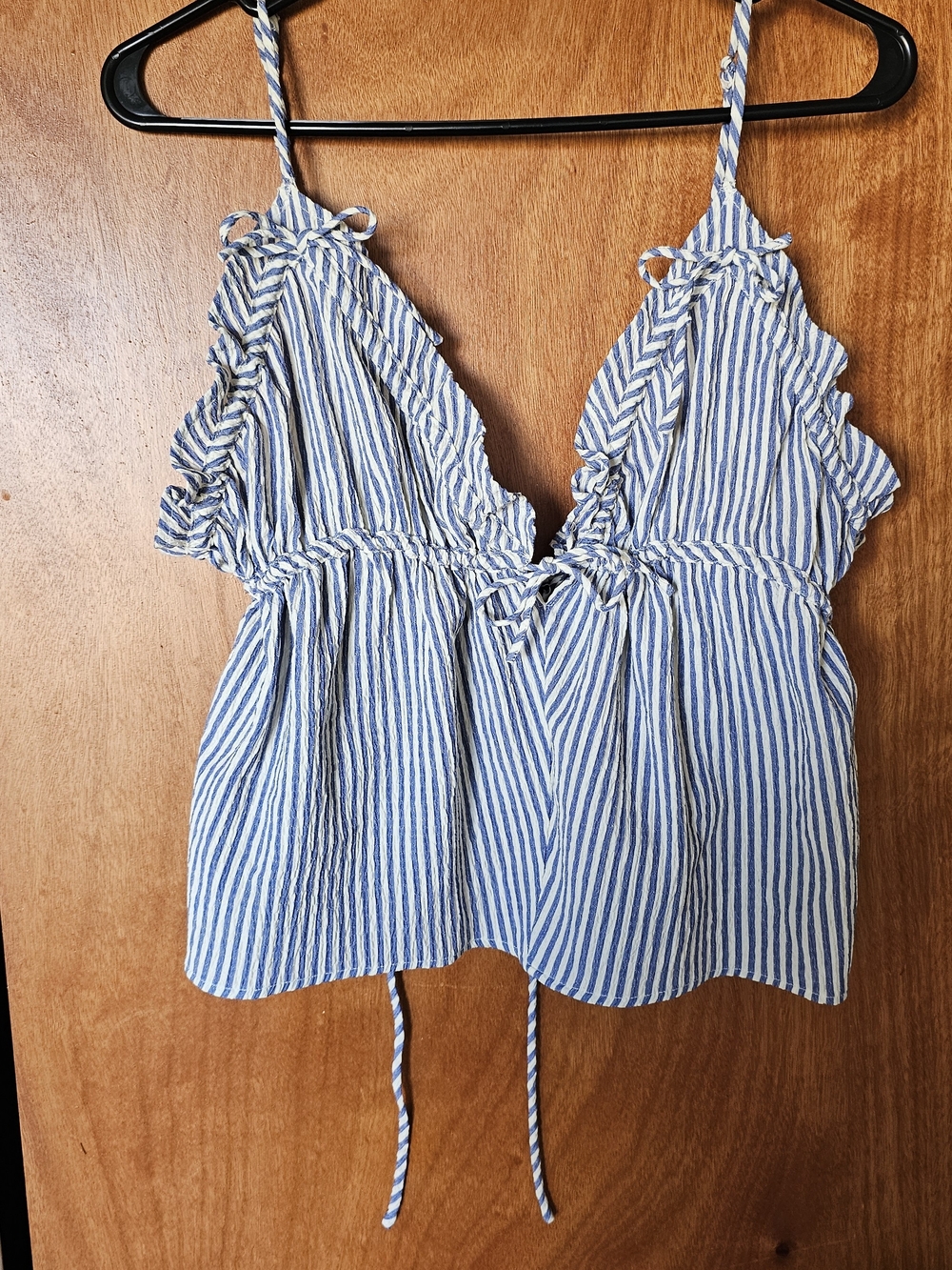 emory park Blue and White Striped Ruffle Tie-Front Cami